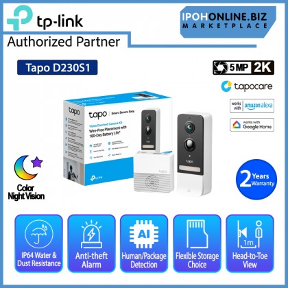 TP-Link Tapo D230S1 2K 5MP Color Night Vision IP64 Smart Battery Video Doorbell Camera Kit - Apartment TP-Link Tapo D230S1 2K 5MP Color Night Vision IP64 Smart Battery Video Doorbell Camera Kit - Apartment